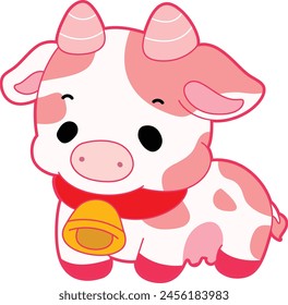 Pink Cow Strawberry Milk Vector Icon. Pink cute dairy calf cow farm animal. Cute funny cow pink character design. Pink cow with a bell necklace around its neck.