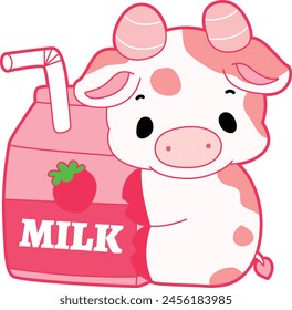 Pink Cow Strawberry Milk Vector Icon. Pink cute dairy calf cow farm animal. Cute funny cow pink character design. Pink cow hugging a milk strawberry box with straw.