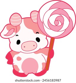 Pink Cow Strawberry Milk Vector Icon. Pink cute dairy calf cow farm animal. Cute funny cow pink character design. Cow is holding a pink candy.