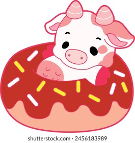 Pink Cow Strawberry Milk Vector Icon. Pink cute dairy calf cow farm animal. Cute funny cow pink character design.
Cow relax in chocolate donut with sprinkles.