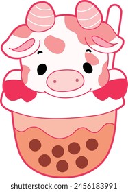 Pink Cow Strawberry Milk Vector Icon. Pink cute dairy calf cow farm animal. Cute funny cow pink character design.