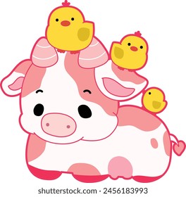 Pink Cow Strawberry Milk Vector Icon. Pink cute dairy calf cow farm animal. Cute funny cow pink character design.