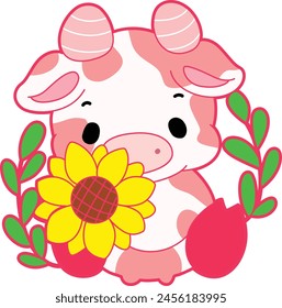 Pink Cow Strawberry Milk Vector Icon. Pink cute dairy calf cow farm animal. Cute funny cow pink character design.