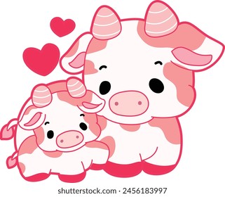 Pink Cow Strawberry Milk Vector Icon. Pink cute dairy calf cow farm animal. Cute funny cow pink character design.