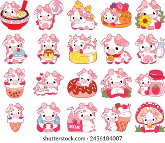 Pink Cow Strawberry Milk Vector Icon. Pink cute dairy calf cow farm animal. Cute funny cow pink character design.