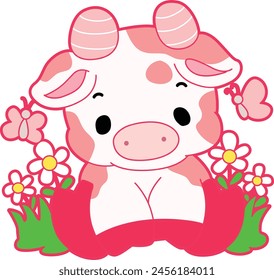 Pink Cow Strawberry Milk Vector Icon. Pink cute dairy calf cow farm animal. Cute funny cow pink character design.