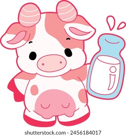 Pink Cow Strawberry Milk Vector Icon. Pink cute dairy calf cow farm animal. Cute funny cow pink character design.