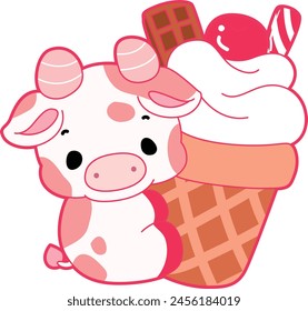 Pink Cow Strawberry Milk Vector Icon. Pink cute dairy calf cow farm animal. Cute funny cow pink character design.