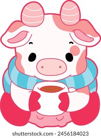 Pink Cow Strawberry Milk Vector Icon. Pink cute dairy calf cow farm animal. Cute funny cow pink character design.