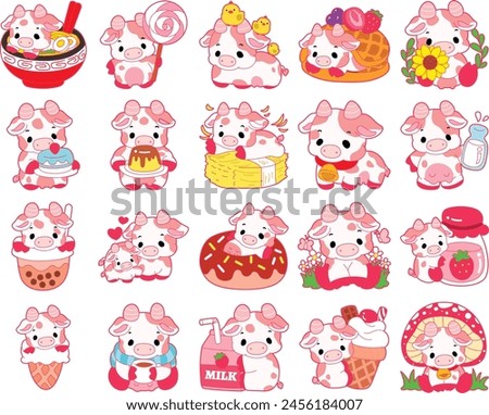 Pink Cow Strawberry Milk Vector Icon. Pink cute dairy calf cow farm animal. Cute funny cow pink character design.