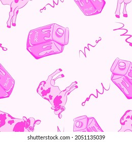 Pink cow vector pattern. Cow, milk package illustration on the white background, Funny dairy pattern. Cartoon style cow picture. Cow says moo. Farm  products theme. 