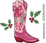 Pink cowboy boots Christmas with coquette. Art and Illustration