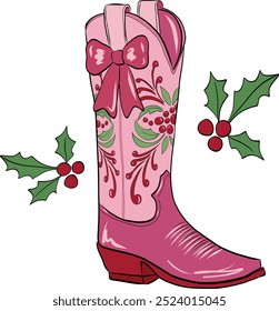 Pink cowboy boots Christmas with coquette. Art and Illustration