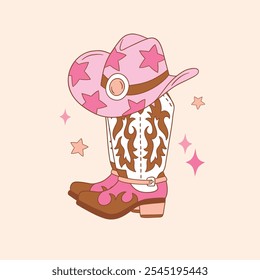 Pink cowboy boots and hat with star. Hand drawn western clipart. Perfect for tee shirt logo, greeting card, poster or nursery print design. EPS 10 vector file.