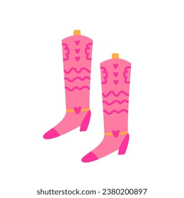 Pink cowboy boots with hearts isolated. Pink trendy, pink doll aesthetic clothing. Vector illustration