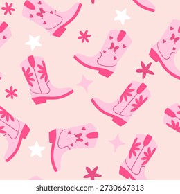 Fondo de botas de vaquero rosa sin patrón de botas de vaquera. Vector de estilo de moda para invitación, papel de embalaje, embalaje, etc.