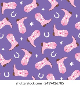 Pink cowboy cowgirl boots in scatter pattern seamless with horse shoes, stars and hearts. Fun purple western theme background, wallpaper, banner, header.