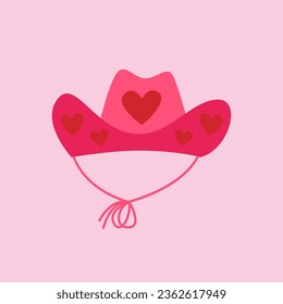 Sombrero de vaquero rosado con corazones de fondo aislado. Ilustración plana vectorial en el concepto de vaquera disco fiesta