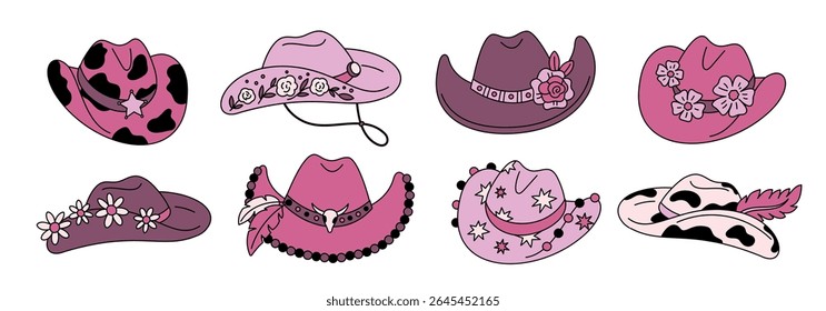 Pink cowboy hats. Glamour coquette design, cowgirl disco accessories, retro western headwear, fashion girly isolated elements, ranch decorative costume with flowers garish vector set