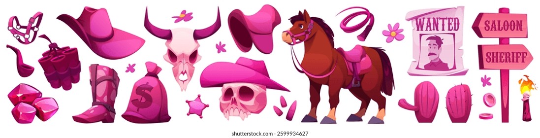 Pink cowgirl accessories set isolated on white background. Vector cartoon illustration of girly style wild west symbols, cowboy hat, boots, horse, skull, wanted poster, cactus, money bag and gemstones