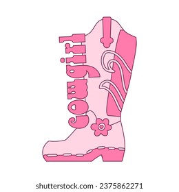 Pink cowgirl boot with traditional ornament decor and vintage font word.