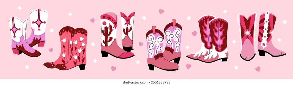 Pink cowgirl boots. Cute western cowboy shoes with bows and stars, trendy groovy coquette fashion stickers. Vector country rodeo cowboy icons set.