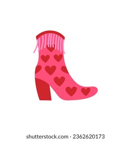 Pink cowgirl boots with hearts and fringe. Wild west, western, disco vector trendy illustration