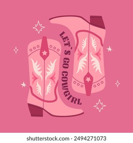 Pink cowgirl boots with ornament. Trendy phrase print, party poster Cowboy western and wild west theme. Hand drawn vector illustration