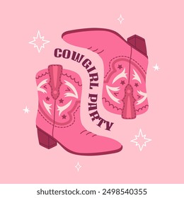 Botas de vaquera rosa con adorno. Impresión de frase de moda, cartel de fiesta Vaquero western y tema salvaje oeste. Ilustración vectorial dibujada a mano