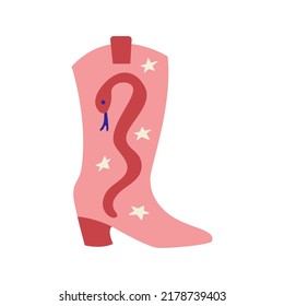 Pink cowgirl boots with snake and stars. Wild west, western, texas hand drawn vector trendy illustration. 