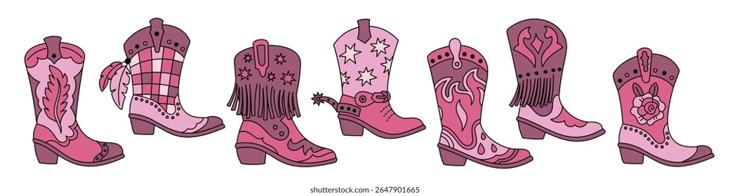 Botas de cowgirl rosa. Vintage oeste e texas calçado, sapatos de glamour feminino, acessórios de país retro, moda disco arte impressões, rodeio traje jardineiro vetor desenho animado estilo plano conjunto isolado