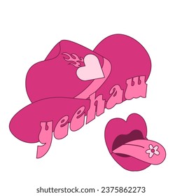 Pink cowgirl concept with cowboy hat and open lips. Groovy retro girlish vector design.