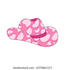 Pink cowgirl hat with cow print. Wild West fashion style. Cowboy western theme, wild west concept. Horse Ranch. Hand drawn contour flat vector illustration.