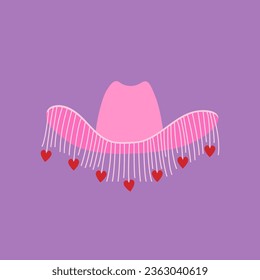 Pink cowgirl hat with hearts on isolated background. Vector flat illustration in party disco cowboy concept