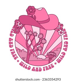 Escena del sombrero de niña rosa sobre un árbol de joshua del desierto en el fondo. Diseño de Arte del Oeste Salvaje, ilustración vectorial para el diseño de camisetas, impresión, afiche, estilo occidental salvaje, oeste americano.