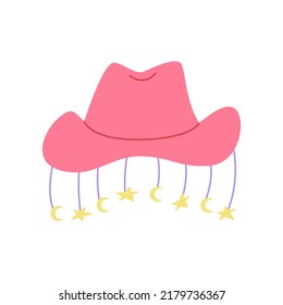 Pink cowgirl hat with stars and moon. Vector illustration on isolated  background. Fashionable cowboy hat in bohemian, disco party concept