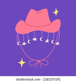 Pink cowgirl hat with stars and moon. Vector illustration on isolated purple background. Fashionable cowboy hat in bohemian, disco party concept