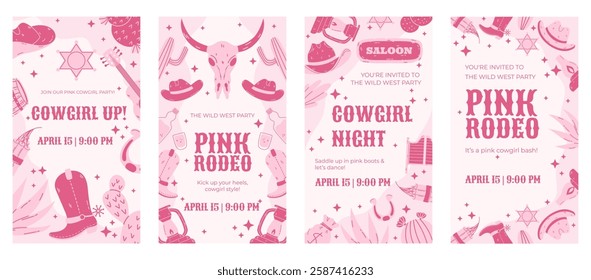 Pink Cowgirl Rodeo Social Media Stories Template with Western-Themed Icons, Boots, Cactus, and Feminine Design for Event Promotions