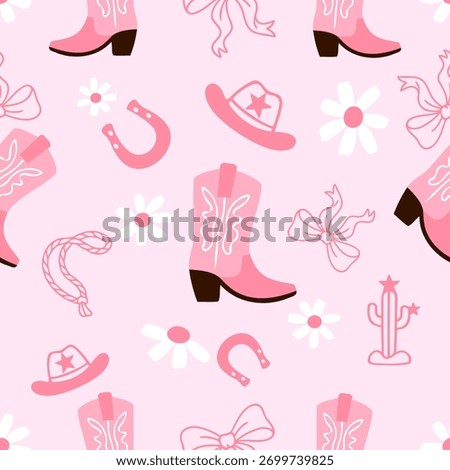 Pink cowgirl seamless pattern vector, western boots, hats, bows, horseshoes, daisies and cactus on pastel background, cute feminine country design for fabric and wrapping.