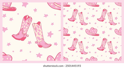 Pink Cowgirl Western Boho Cute Cowboy Boots, Hat and Stars, Seamless Pattern Vector Illustration