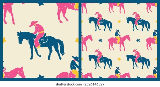 Pink Cowgirl Western Boho Cute Cowboy Horse, Horses Animals, Seamless Pattern Vector Illustration	