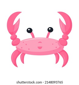 Pink crab with claws raised up. Cute character. Marine, aquatic animal. Vector illustration in a flat cartoon style isolated on a white background