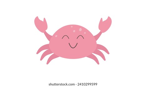 Pink crab in kawaii style. Funny character of sea animal, fish. Used for invitation, children's book, poster, card. Vector illustration isolated on white background.