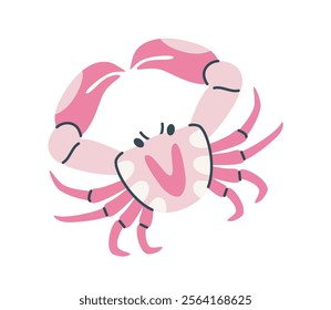 Pink crab with a smiling face, cartoon style, isolated on a white background, perfect for kids, marine, and playful design projects. Flat cartoon vector illustration