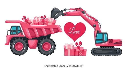 Pink crawler excavator cartoon loading boxes gifts to a pink mining truck for Valentine's Day. Heavy machinery used in the construction and mining industry