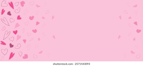 Pink crayon brush heart paint pattern. Abstract hand drawn Valentine day side border with chalk material. Cute pastel texture for 14 February. Lipstick or marker paintbrush love design with frame