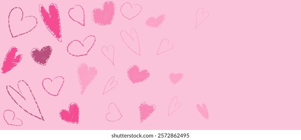 Pink crayon brush heart side pattern. Abstract hand drawn Valentine love border with chalk material. Cute pastel texture for 14 February. Lipstick or marker paintbrush design. Charcoal scrawl frame