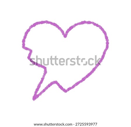 Pink crayon heart speech bubble with squiggle contour. Chat icon and conversation symbol appear as a round message or quote bubble. Playful style adds a unique element for communication or media