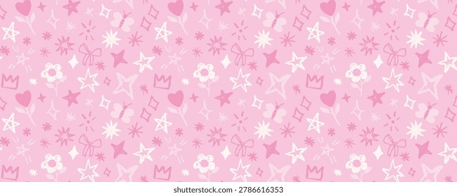 Pink crayon seamless pattern with hand drawn stars, flowers, hearts and sparkles. Cute girly doodle background in pastel pink. Horizontal childish print for kids decor and fashion.