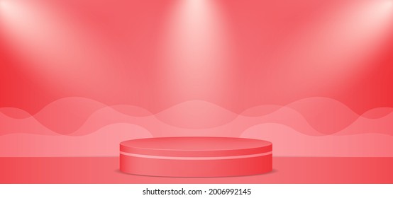 Pink cream background with podium and lighting. 3D realistic background